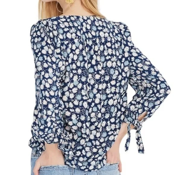 Madewell Button Down Blue/Pink/white Floral Tie Sleeves Blouse- Small - Picture 3 of 10